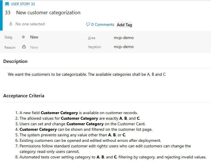 Screenshot of acceptance criteria in the Azure DevOps work item