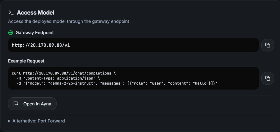 screenshot of the AI Runway deployment showing a curl call ready for copy and past
