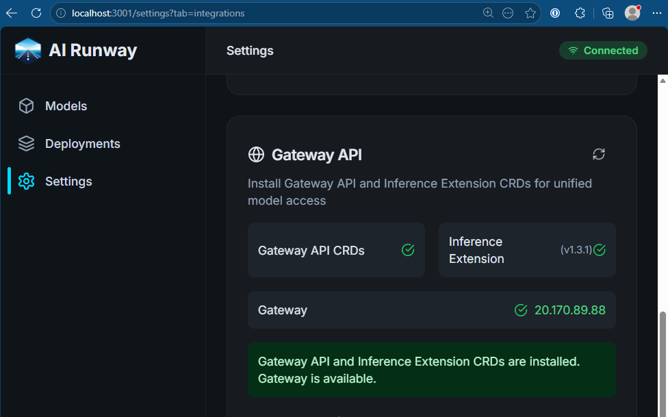 screenshot of the AI Runway settings showing the IP for the gatway and confirming that the gateway API CRDs and the Inference Extension are correctly installed