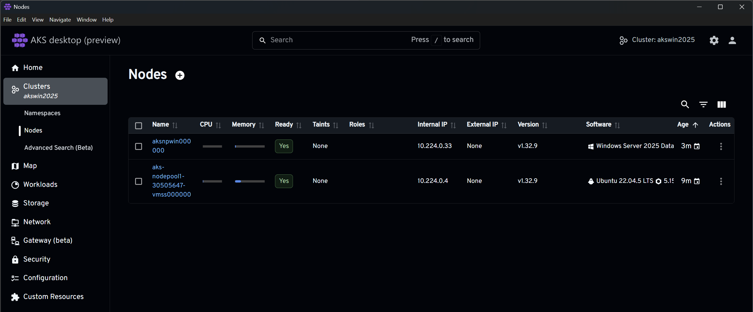 Screenshot of the Windows Server 2025 node pool in AKS Desktop