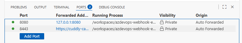 a screenshot showing the ports of a GitHub Codespace