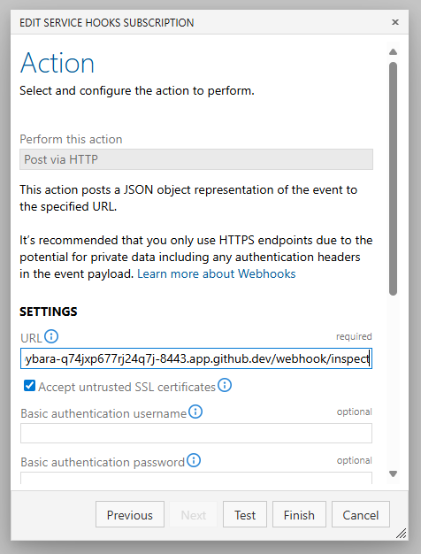 a screenshot showing the configuration including the url setting of a webhook