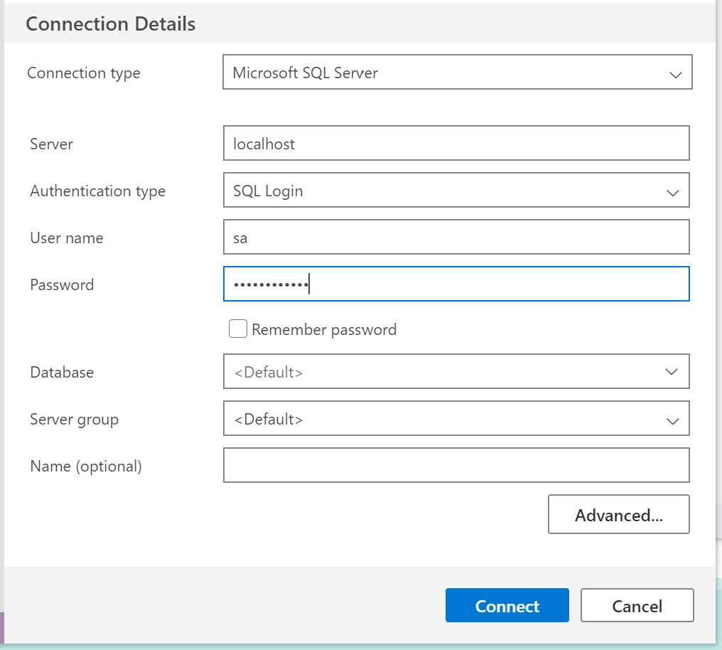 connect to SQL server with Azure Data Studio