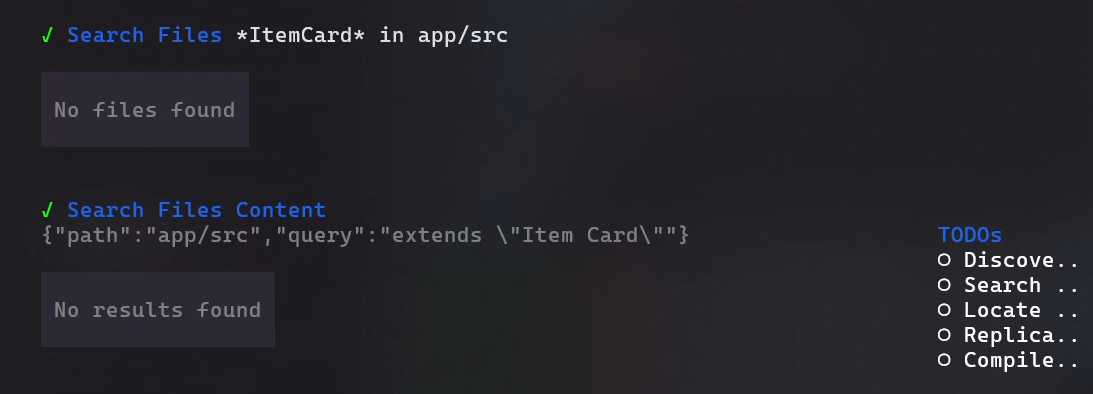 Screenshot showing the developer agent not finding information about code in the BC base application