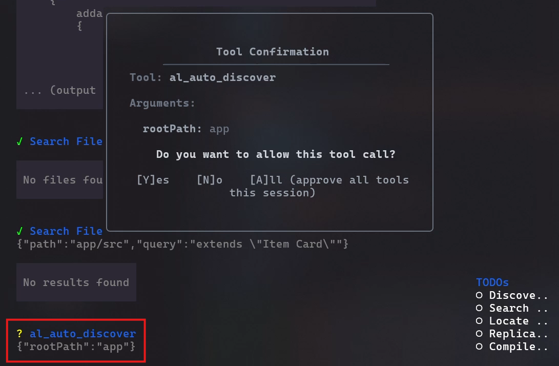 Screenshot showing cagent asking for permissions to call the AL MCP server