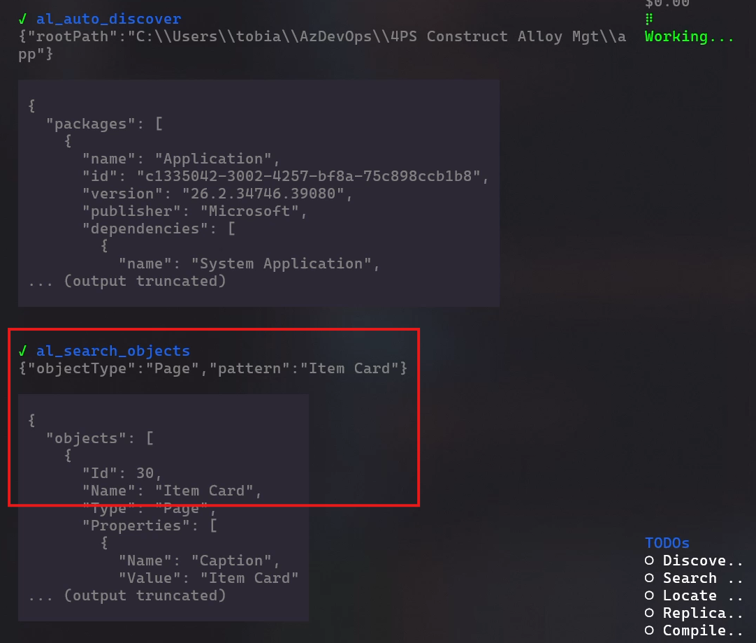 Screenshot showing the developer agent finding the right object