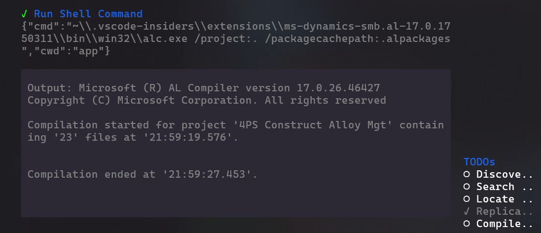 Screenshot showing the developer agent executing the compilation