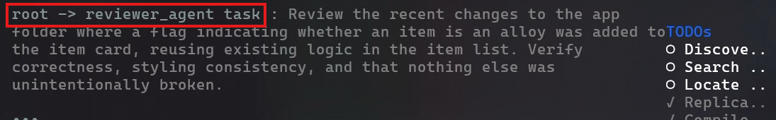 Screenshot showing the root agent calling the reviewer agent