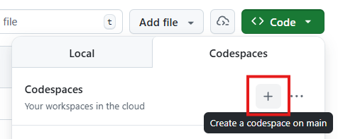 Screenshot of the code action extended and the + action to create a codespace