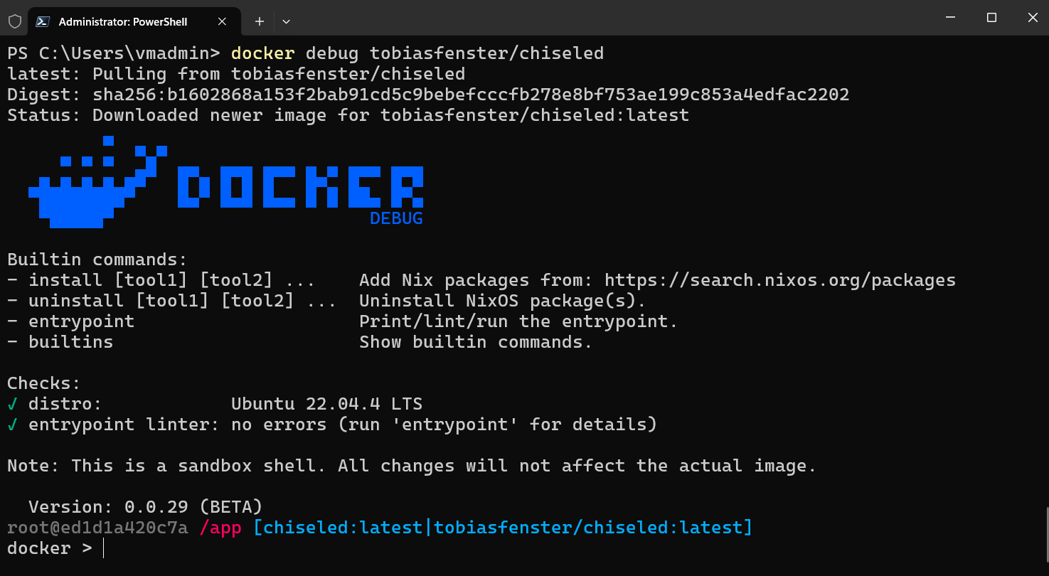 Debugging slim containers and container images with Docker debug