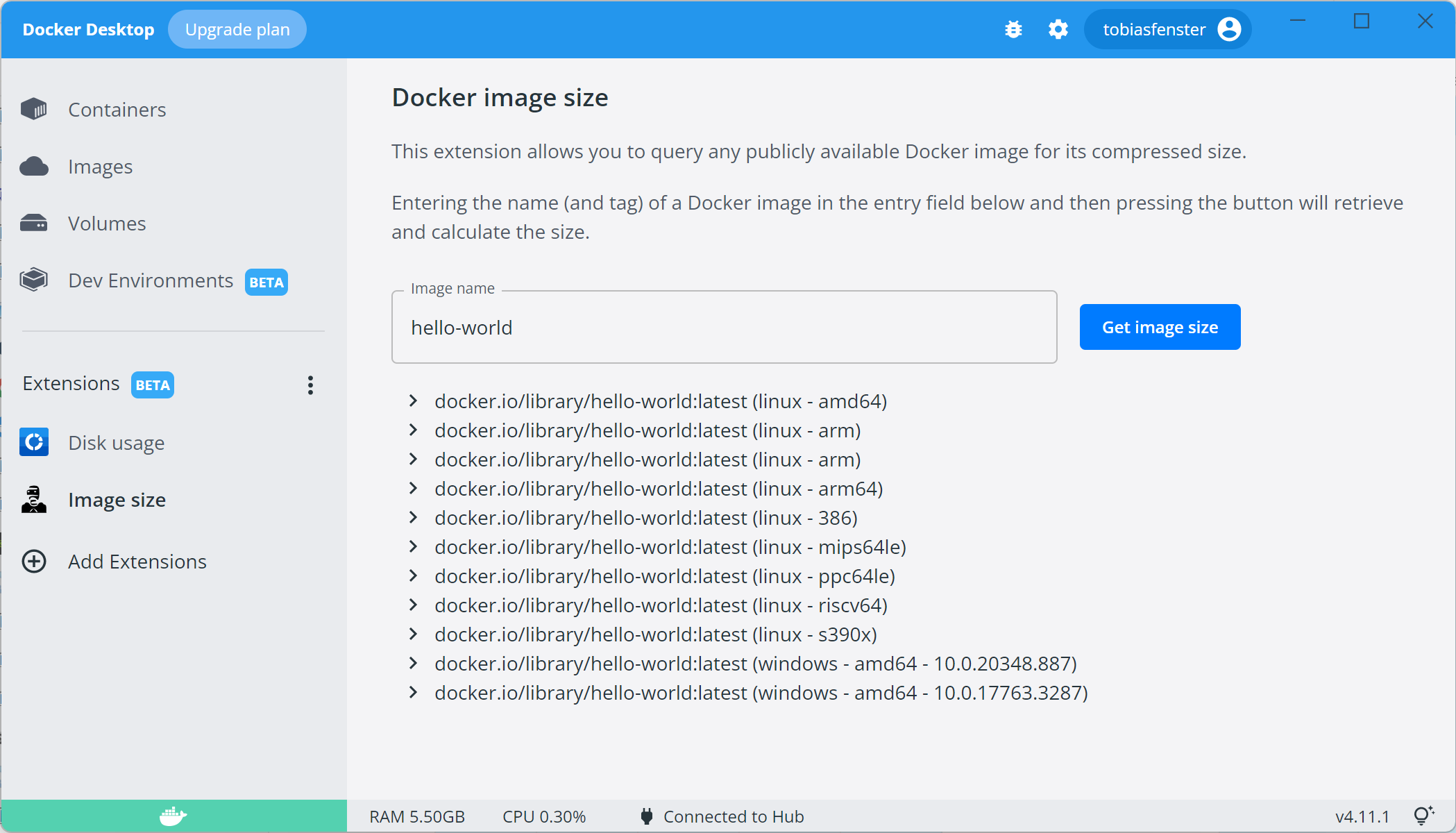 screenshot of docker desktop with images size extension