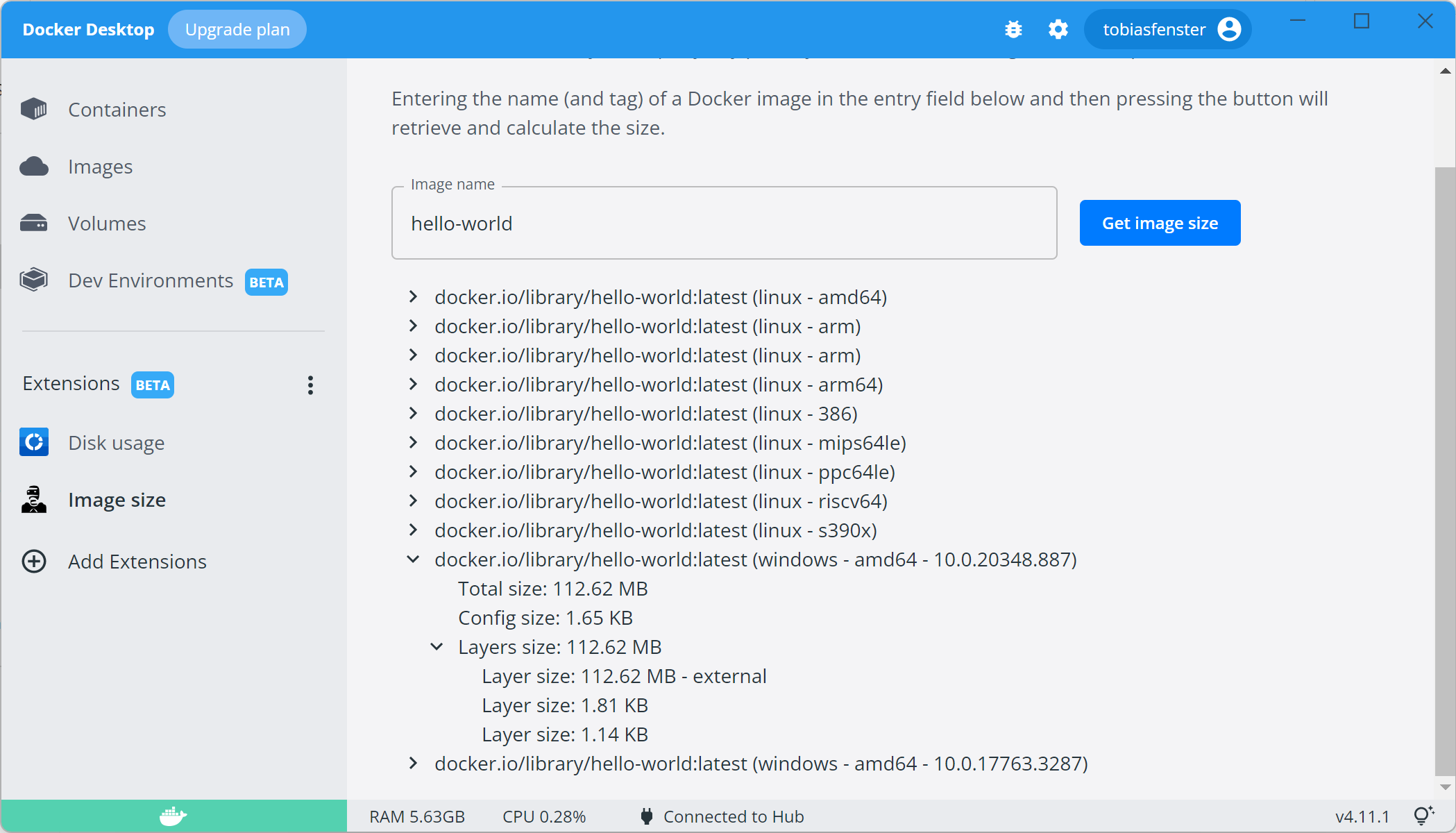 screenshot of docker desktop with images size extension and one image and its layers expanded