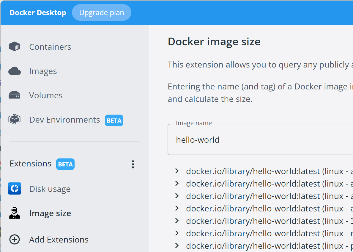 Creating a Docker extension to calculate the size of an image