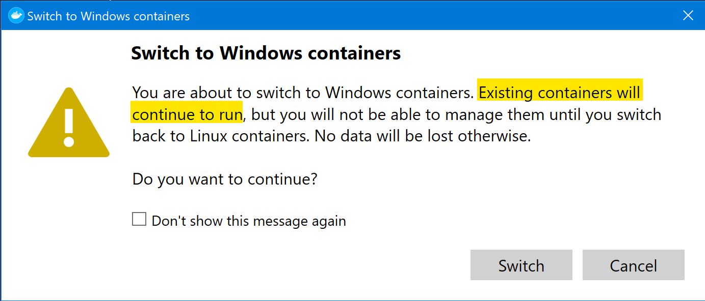docker switch warning