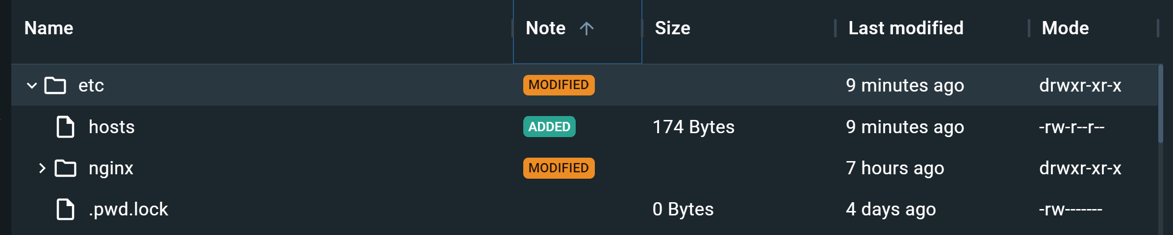 Screenshot of the file explorer showing an "added" tag at /etc/hosts and "modified" tag at /etc/ngnix