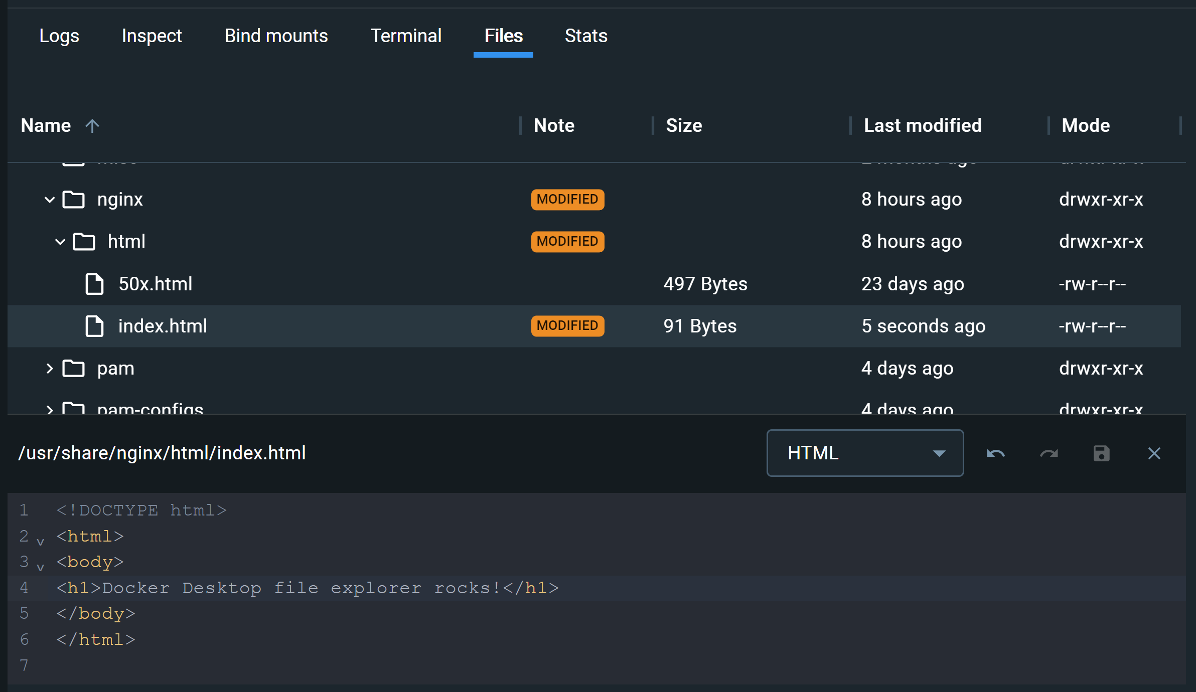 Screenshot of the file explorer showing the replaced content of index.html and the "modified" tags