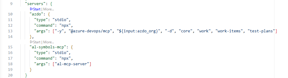 screenshot of mcp.json showing the "start" action