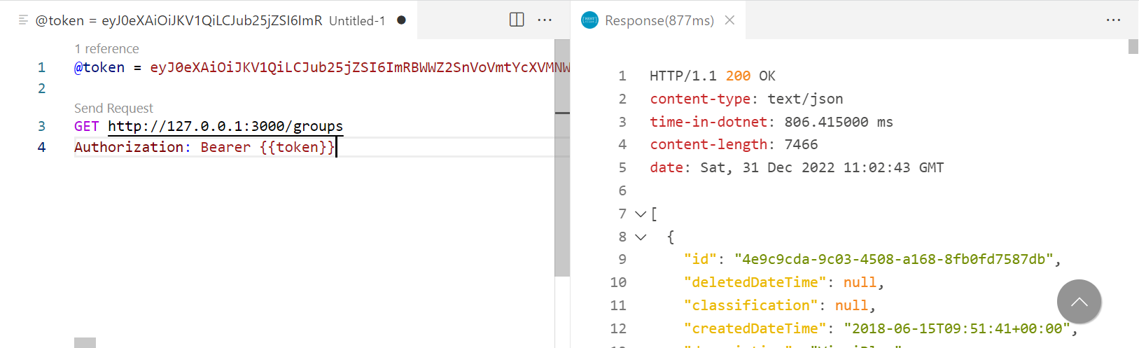 Screenshot of VS Code with an http request and response
