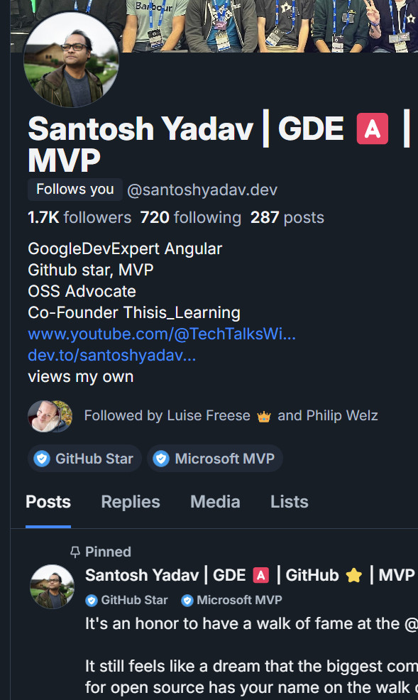 screenshot of a Bluesky account showing labels for Microsoft MVP and GitHub Star